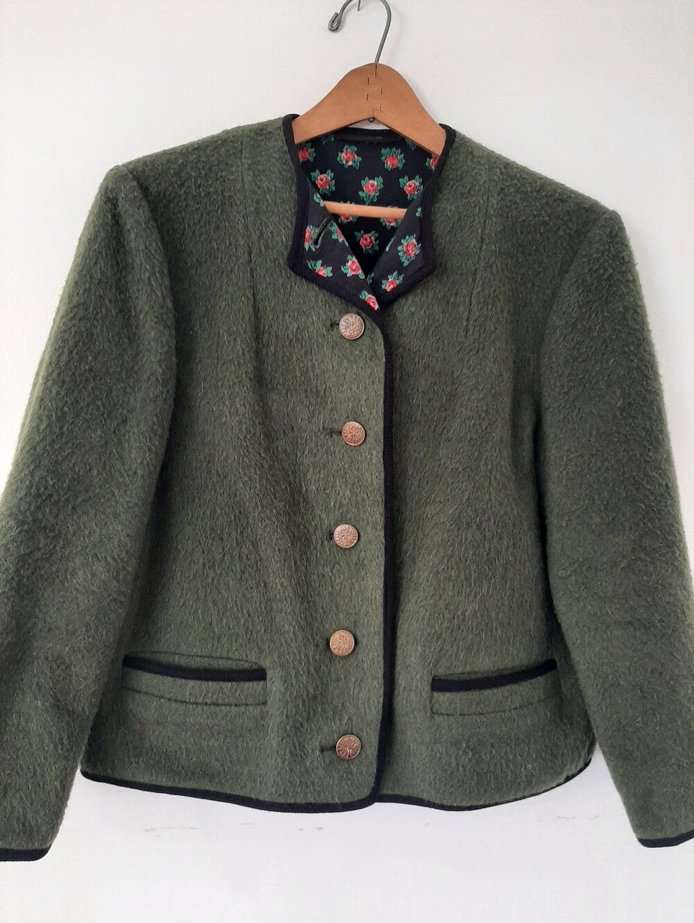 Cottagecore Dark Academia Green Wool Floral Handmade Reversible Button Jacket